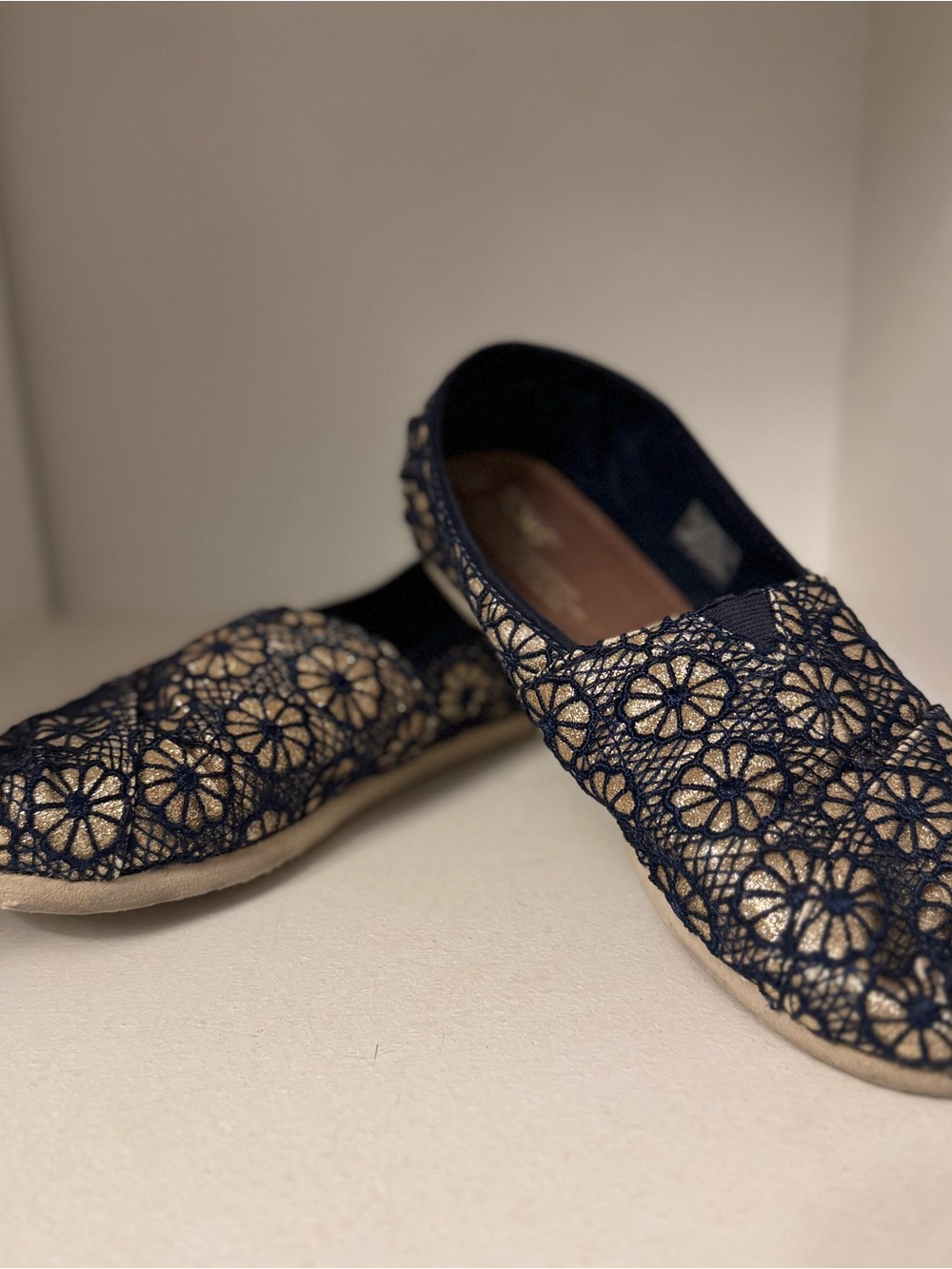 Toms Navy Floral Crochet Slip-Ons